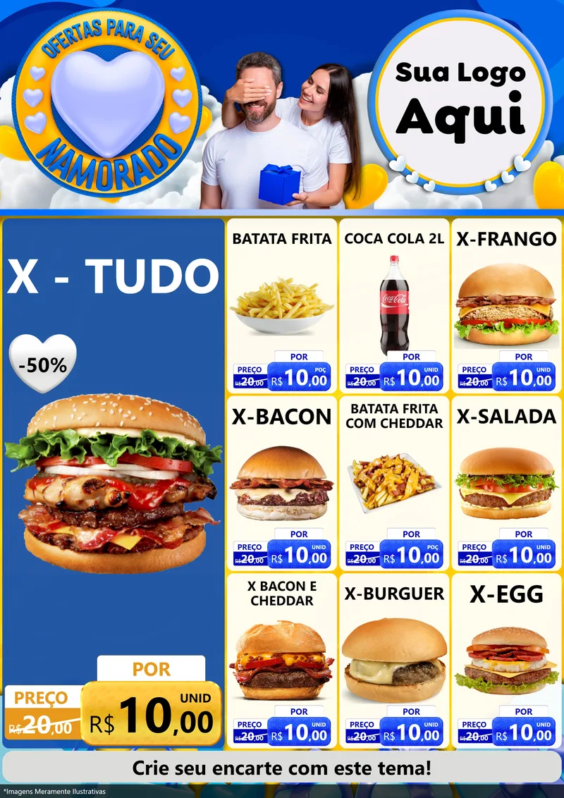 Modelo de Encarte para Encarte A4 Vertical com o tema Ofertas Para Seu Namorado para Hamburgueria