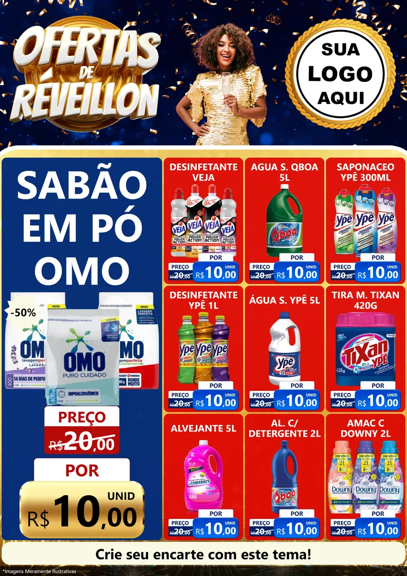 Modelo de Encarte para Encarte A4 Vertical com o tema Ofertas de Réveillon para Produtos de Limpeza
