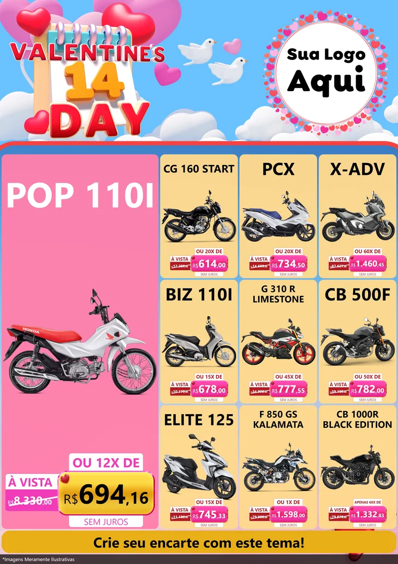Modelo de Encarte para Encarte A4 Vertical com o tema Valentine's Day para Concessionaria de Motos