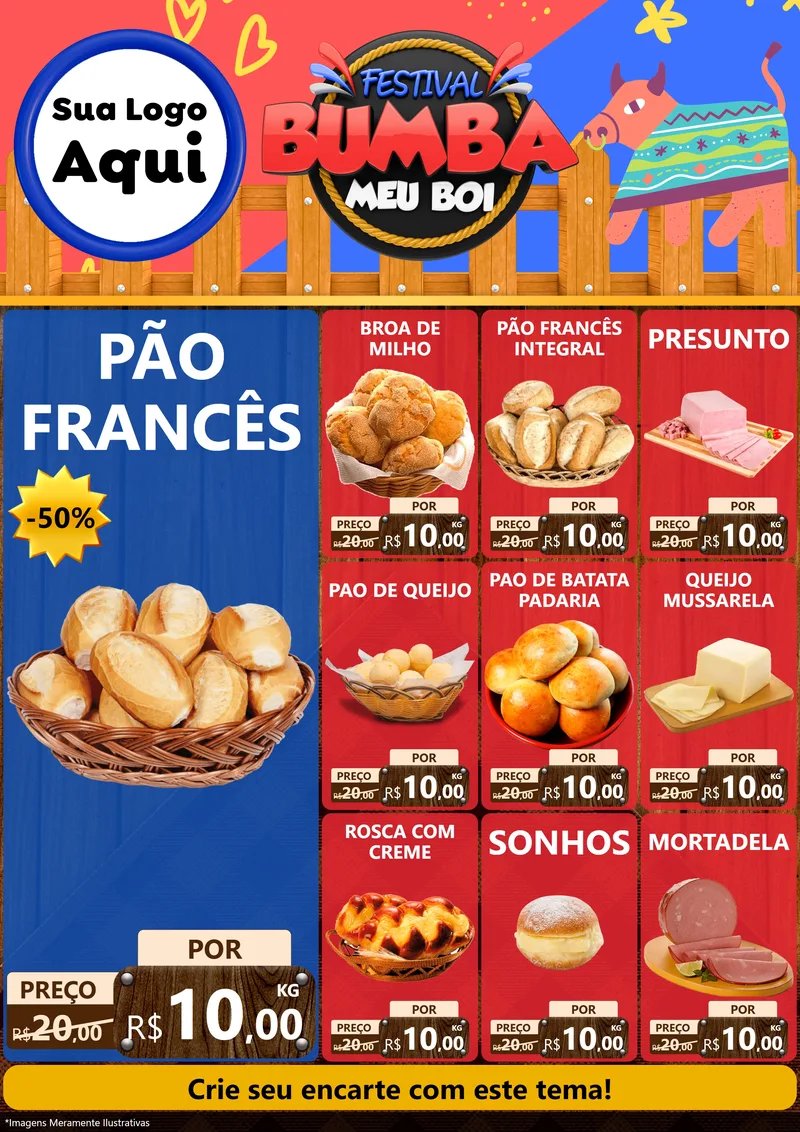 Modelo de Encarte para Encarte A4 Vertical com o tema Festival Bumba Meu Boi para Padaria