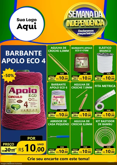 Modelo de Encarte para Encarte A4 Vertical com o tema Semana da Independência Declaramos Preços Baixos para Armarinho e Aviamentos