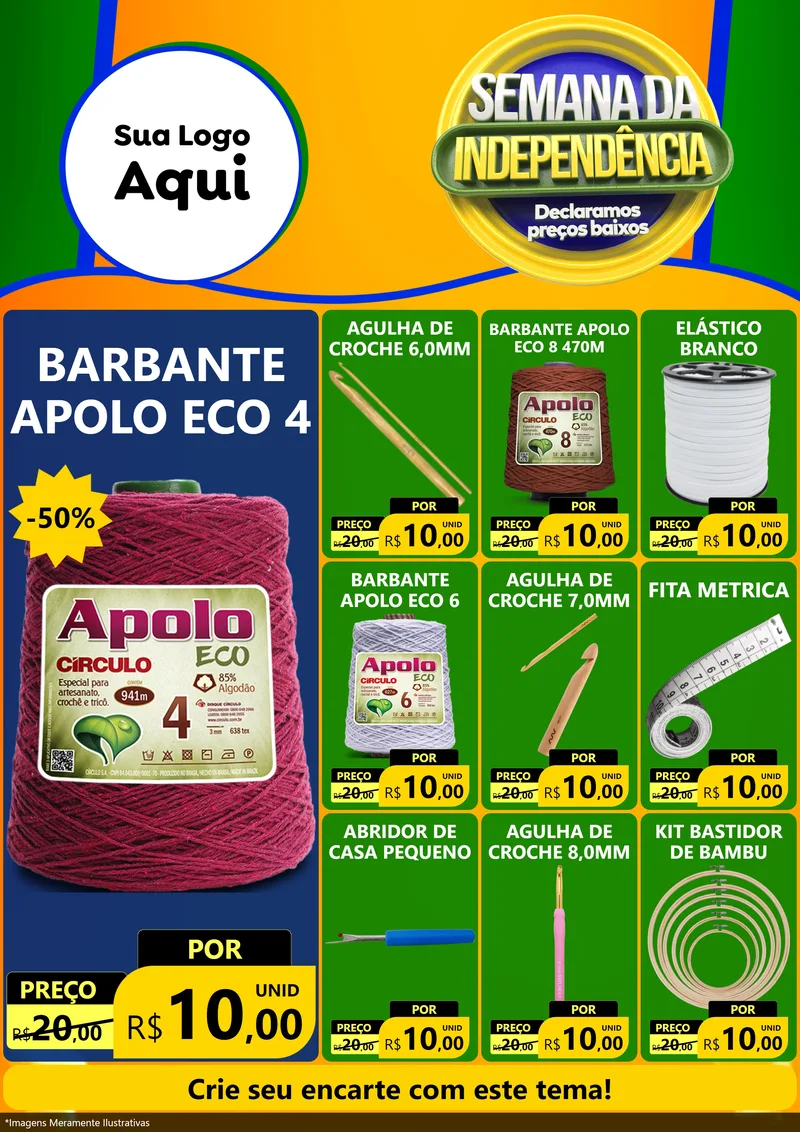 Modelo de Encarte para Encarte A4 Vertical com o tema Semana da Independência Declaramos Preços Baixos para Armarinho e Aviamentos