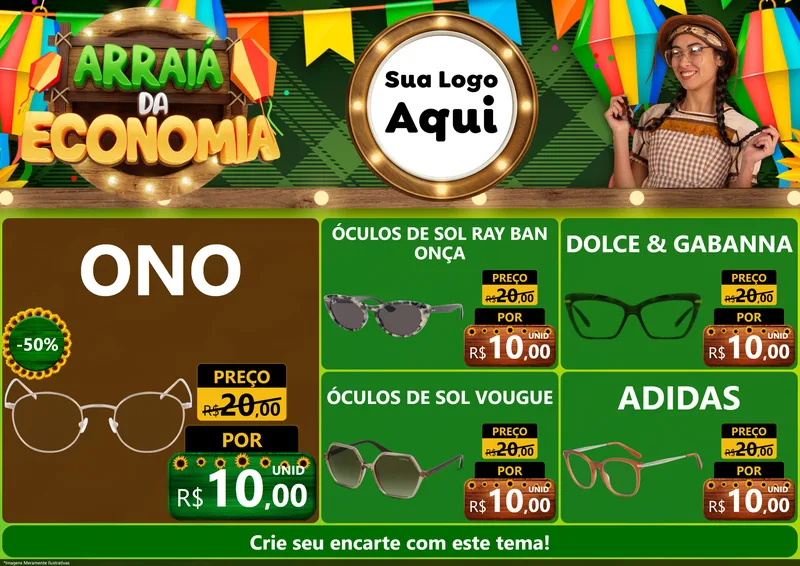Modelo de Encarte para Encarte A4 Horizontal com o tema Arraiá de Economia para Óticas