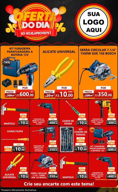 Modelo de Encarte para Encarte Grande com o tema Oferta do Dia - Só hoje, Aproveite! para Maquinas e Ferramentas
