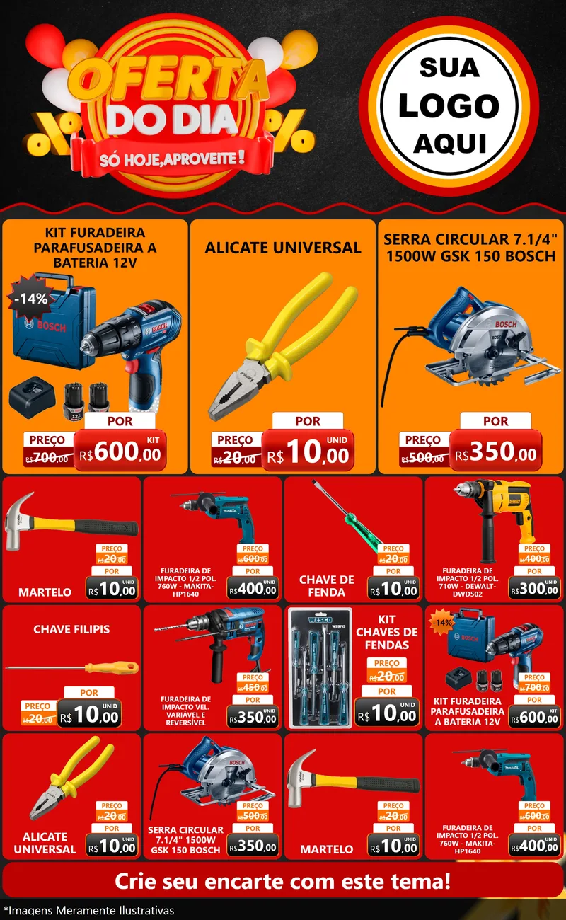 Modelo de Encarte para Encarte Grande com o tema Oferta do Dia - Só hoje, Aproveite! para Maquinas e Ferramentas