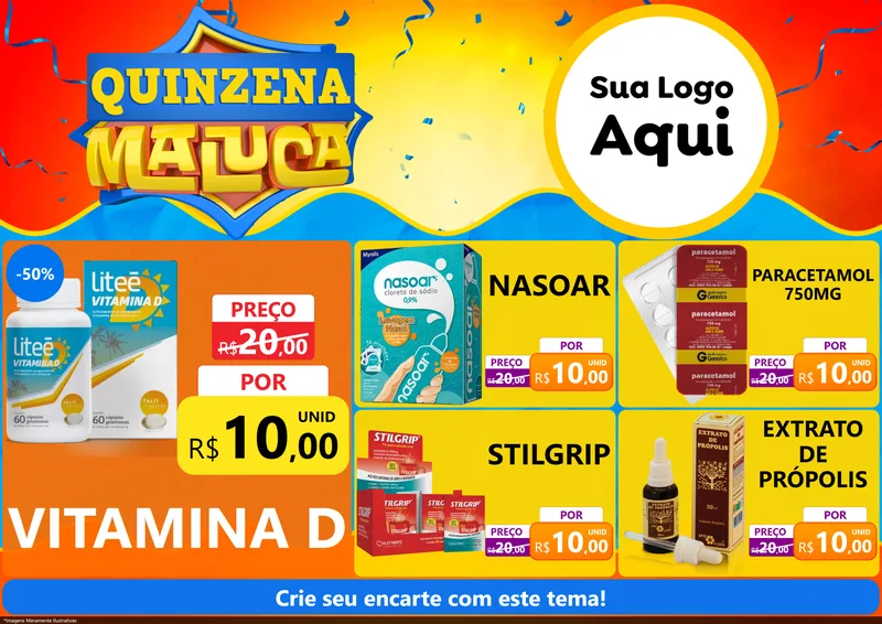 Modelo de Encarte para Encarte A4 Horizontal com o tema Quinzena Maluca para Farmácia