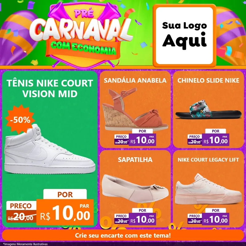 Modelo de Rede Social para Feed Facebook com o tema Pré-Carnaval Com Economia para Calçados