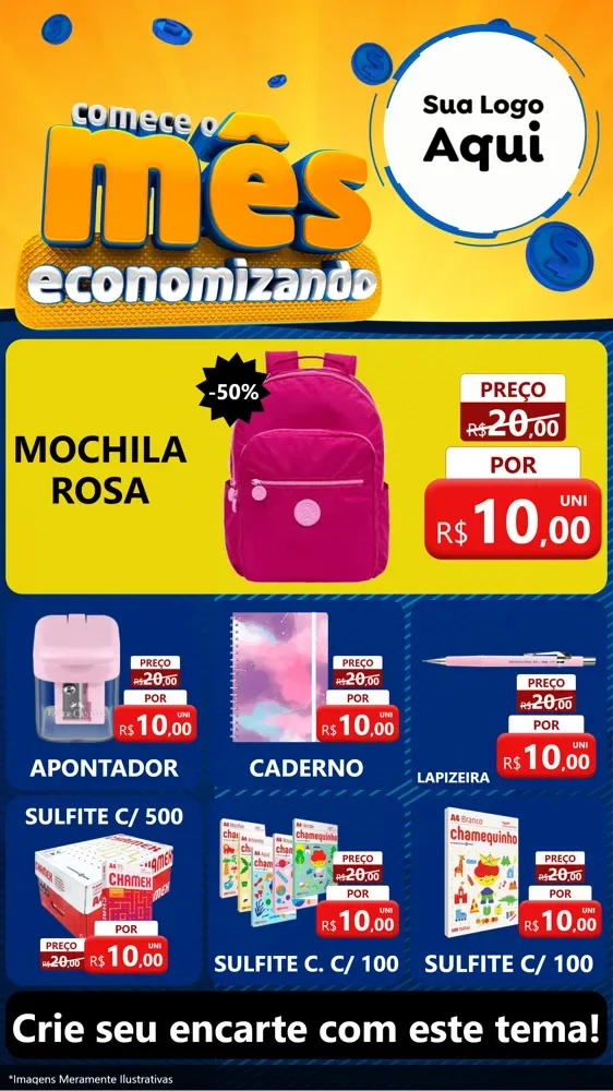 Modelo de Rede Social para Stories com o tema Comece O Mês Economizando para Papelaria