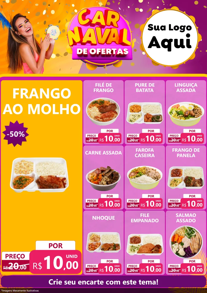 Modelo de Encarte para Encarte A4 Vertical com o tema Carnaval de Ofertas para Restaurante