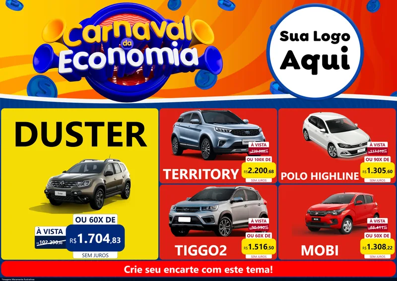 Modelo de Encarte para Encarte A4 Horizontal com o tema Carnaval da Economia para Concessionaria de Carros