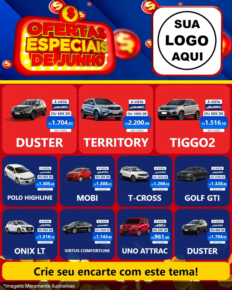 Modelo de Rede Social para Feed Instagram com o tema Ofertas Especiais de Junho para Concessionaria de Carros