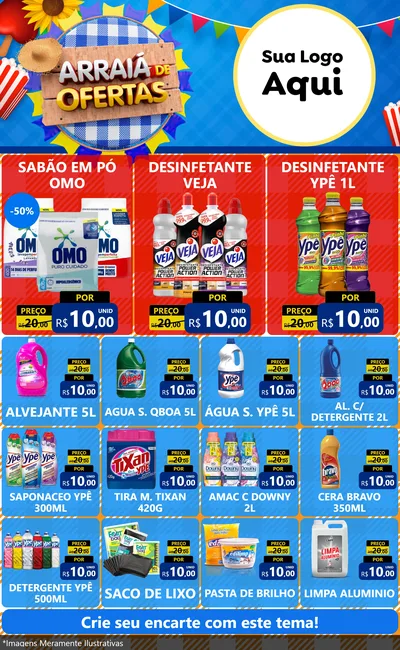 Modelo de Encarte para Encarte Grande com o tema Arraiá de Ofertas para Produtos de Limpeza