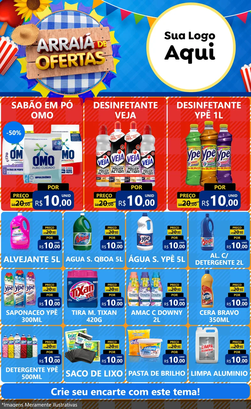 Modelo de Encarte para Encarte Grande com o tema Arraiá de Ofertas para Produtos de Limpeza