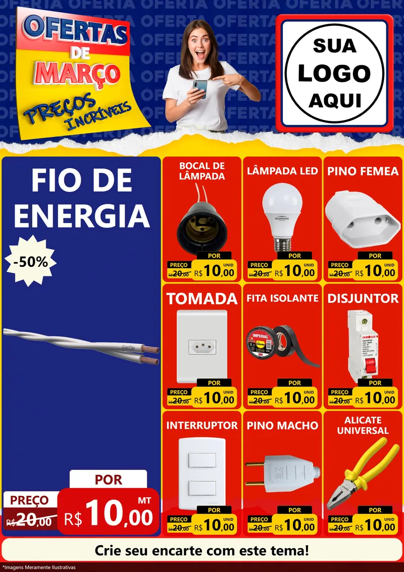 Modelo de Encarte para Encarte A4 Vertical com o tema Ofertas de Março - Preços Incríveis para Materiais Elétricos