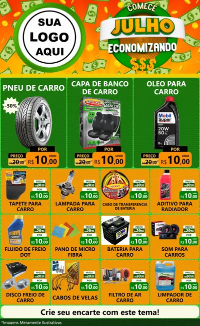Modelo de Encarte para Encarte Grande com o tema Comece Julho Economizando para Auto peças