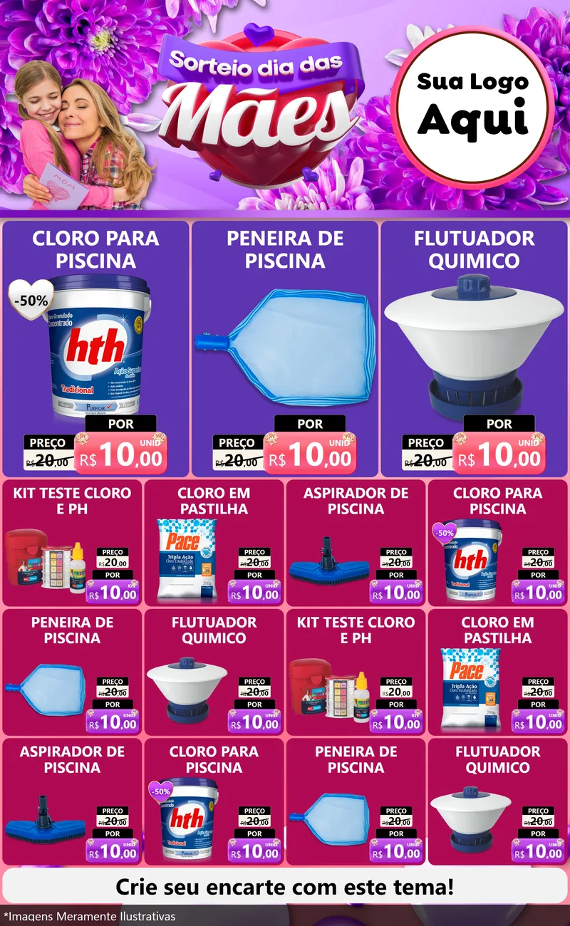 Modelo de Encarte para Encarte Grande com o tema Sorteio Dia das Mães para Produtos para Piscina