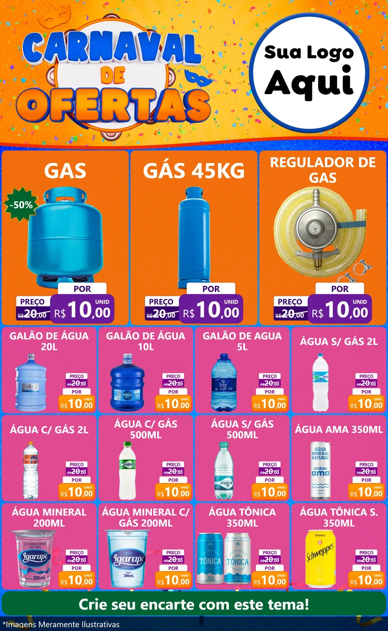Modelo de Encarte para Encarte Grande com o tema Carnaval de Ofertas para Água e gás