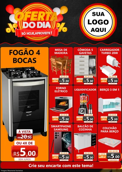 Modelo de Encarte para Encarte A4 Vertical com o tema Oferta do Dia - Só hoje, Aproveite! para Móveis e Eletro