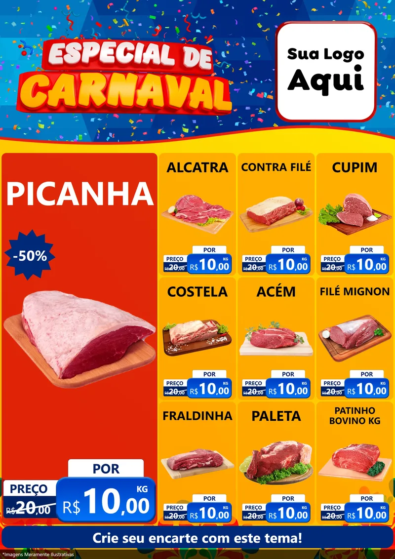 Modelo de Encarte para Encarte A4 Vertical com o tema Especial de Carnaval para Açougue