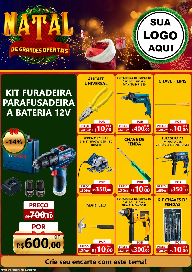 Modelo de Encarte para Encarte A4 Vertical com o tema Natal de Grandes Ofertas para Maquinas e Ferramentas