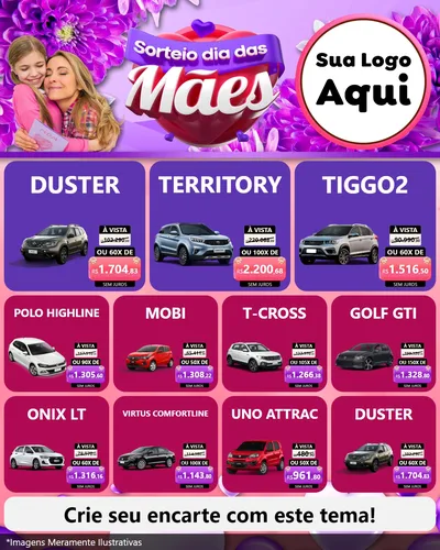 Modelo de Rede Social para Feed Instagram com o tema Sorteio Dia das Mães para Concessionaria de Carros