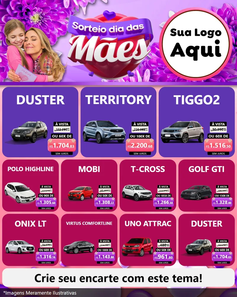 Modelo de Rede Social para Feed Instagram com o tema Sorteio Dia das Mães para Concessionaria de Carros