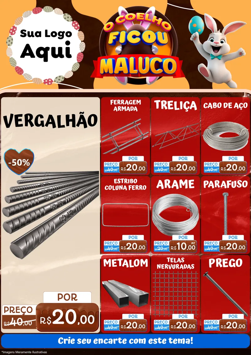Modelo de Encarte para Encarte A4 Vertical com o tema O Coelho Ficou Maluco - Páscoa para Ferragens