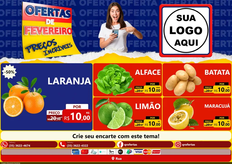 Modelo de Encarte para Encarte A4 Horizontal com o tema Ofertas de Fevereiro - Preços Incríveis para Hortifrúti