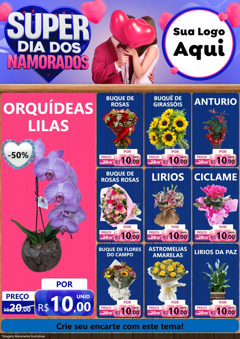 Modelo de Encarte para Encarte A4 Vertical com o tema Super Dia dos Namorados para Floricultura e jardim