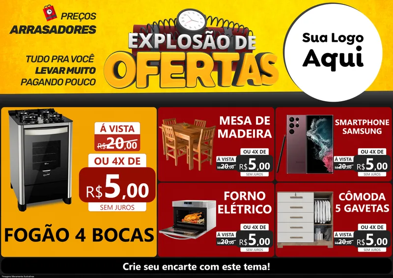 Modelo de Encarte para Encarte A4 Horizontal com o tema Explosão de Ofertas para Móveis e Eletro