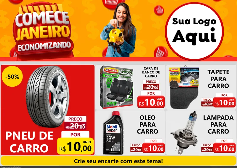 Modelo de Encarte para Encarte A4 Horizontal com o tema Comece Janeiro Economizando para Auto peças