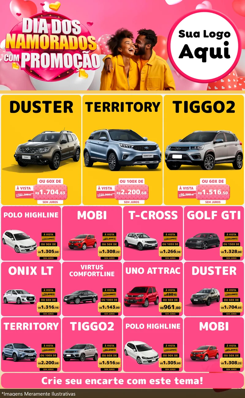 Modelo de Encarte para Encarte Grande com o tema Dia dos Namorados com Promoção para Concessionaria de Carros