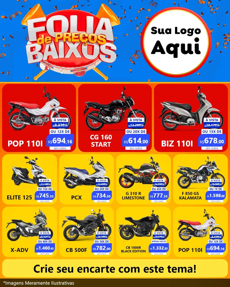 Modelo de Rede Social para Feed Instagram com o tema Folia de Preços Baixos para Concessionaria de Motos