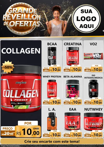 Modelo de Encarte para Encarte A4 Vertical com o tema Grande Réveillon de Ofertas para Suplementos alimentares
