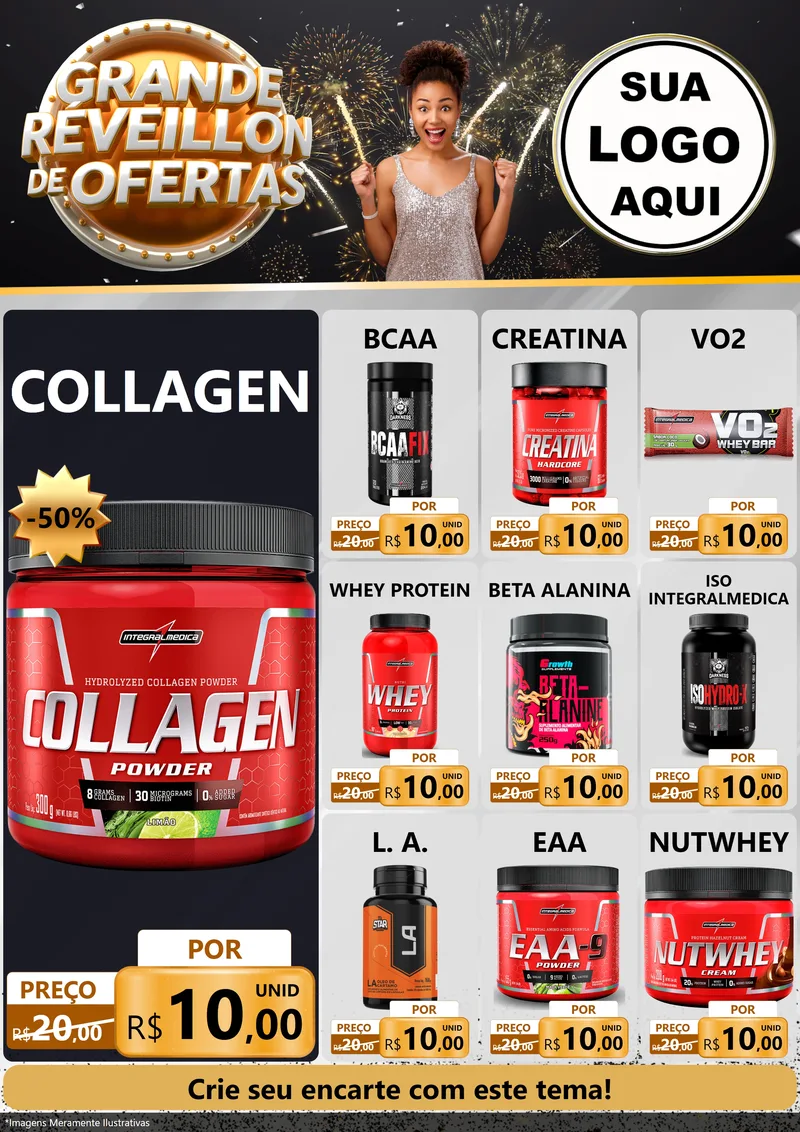 Modelo de Encarte para Encarte A4 Vertical com o tema Grande Réveillon de Ofertas para Suplementos alimentares