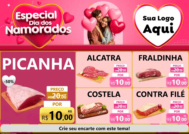 Modelo de Encarte para Encarte A4 Horizontal com o tema Especial Dia dos Namorados para Açougue