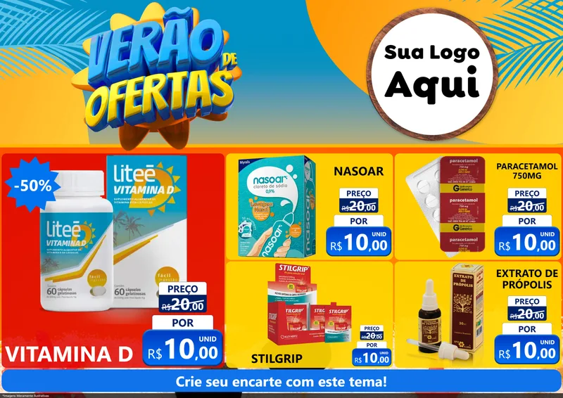 Modelo de Encarte para Encarte A4 Horizontal com o tema Verão de Ofertas para Farmácia