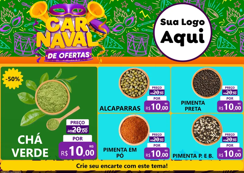 Modelo de Encarte para Encarte A4 Horizontal com o tema Carnaval de Ofertas para Produtos Naturais