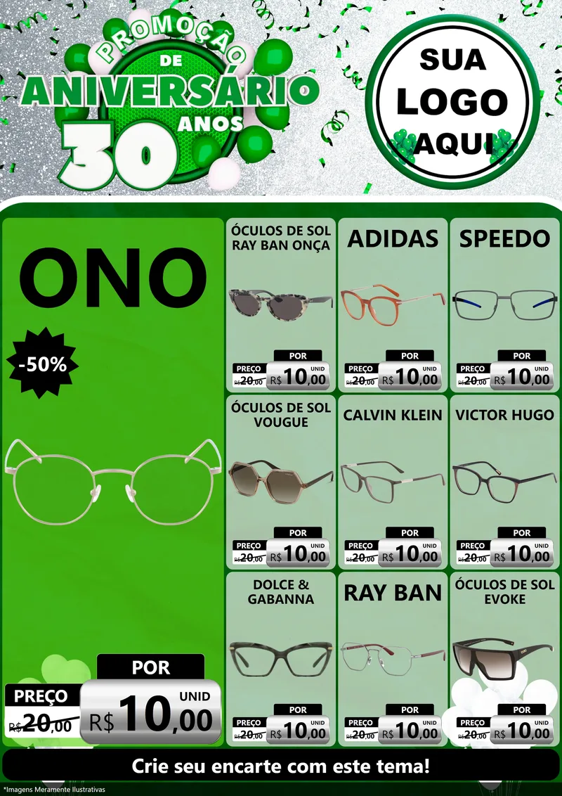 Modelo de Encarte para Encarte A4 Vertical com o tema Promoção de Aniversário - 30 Anos para Óticas