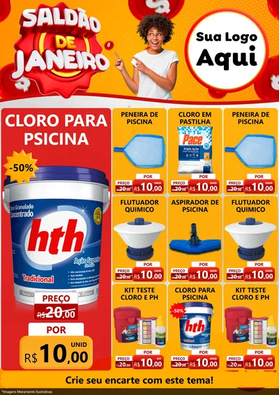 Modelo de Encarte para Encarte A4 Vertical com o tema Saldão de Janeiro para Produtos para Piscina