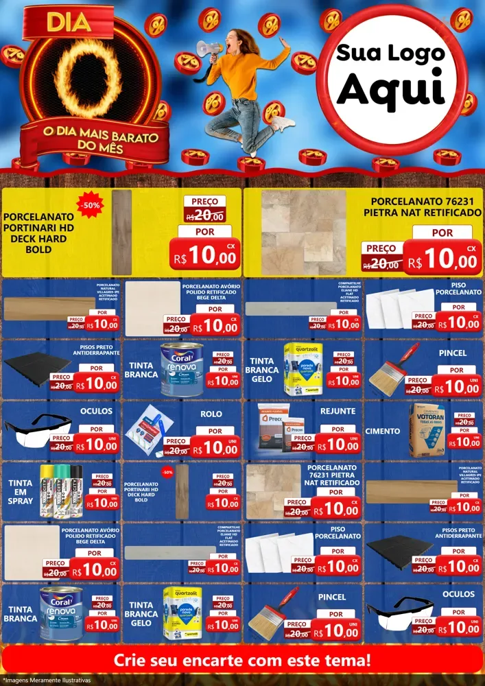 Modelo de Encarte para Encarte A4 Vertical com o tema Dia O - O Dia Mais Barato Do Mês para Pisos e revestimentos
