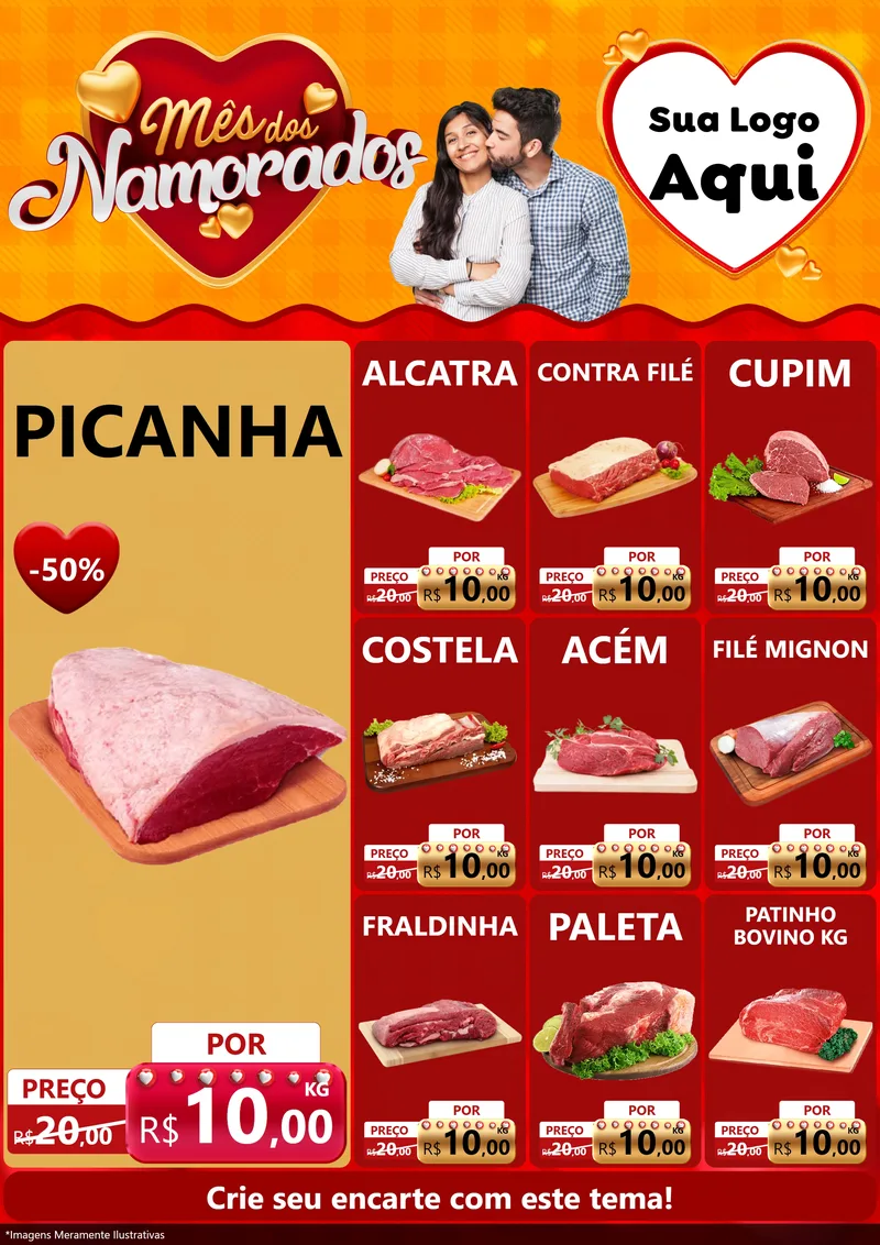 Modelo de Encarte para Encarte A4 Vertical com o tema Mês dos Namorados para Açougue