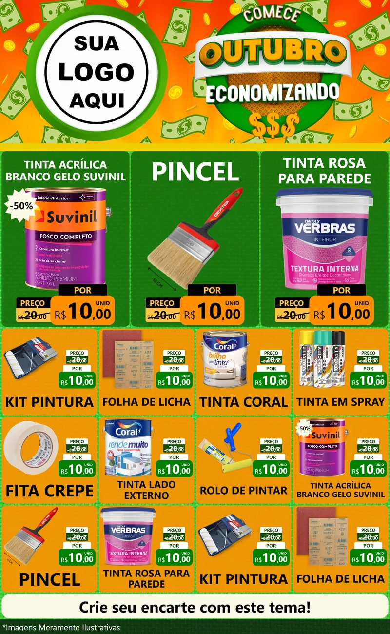 Modelo de Encarte para Encarte Grande com o tema Comece Outubro Economizando para Tintas e Ferramentas