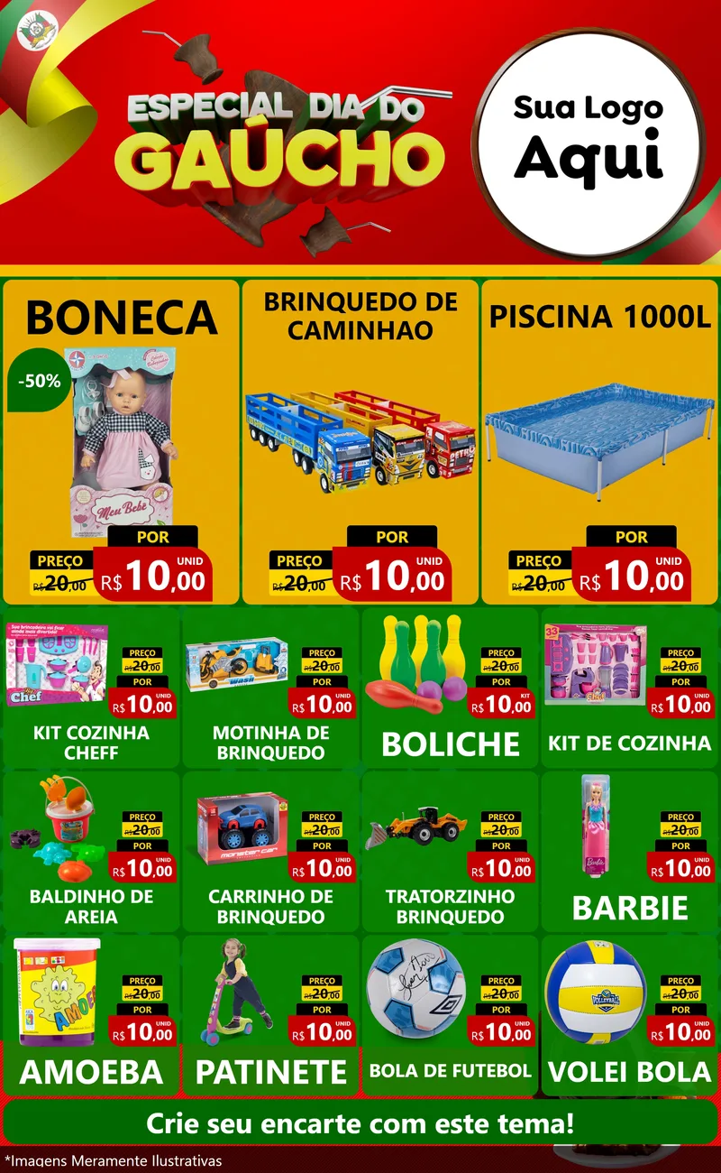 Modelo de Encarte para Encarte Grande com o tema Especial Dia do Gaúcho para Brinquedos