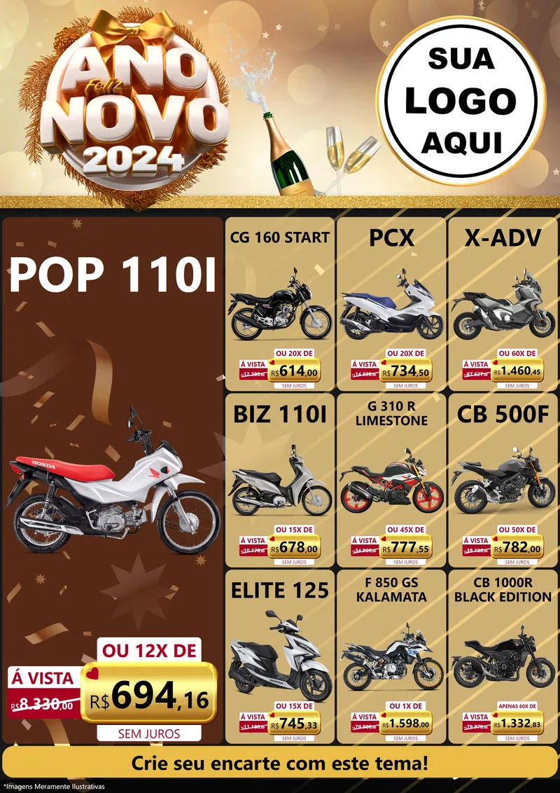 Modelo de Encarte para Encarte A4 Vertical com o tema Feliz Ano Novo 2027 para Concessionaria de Motos