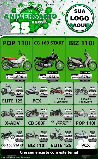 Modelo de Encarte para Encarte Grande com o tema Promoção de Aniversário - 25 Anos para Concessionaria de Motos