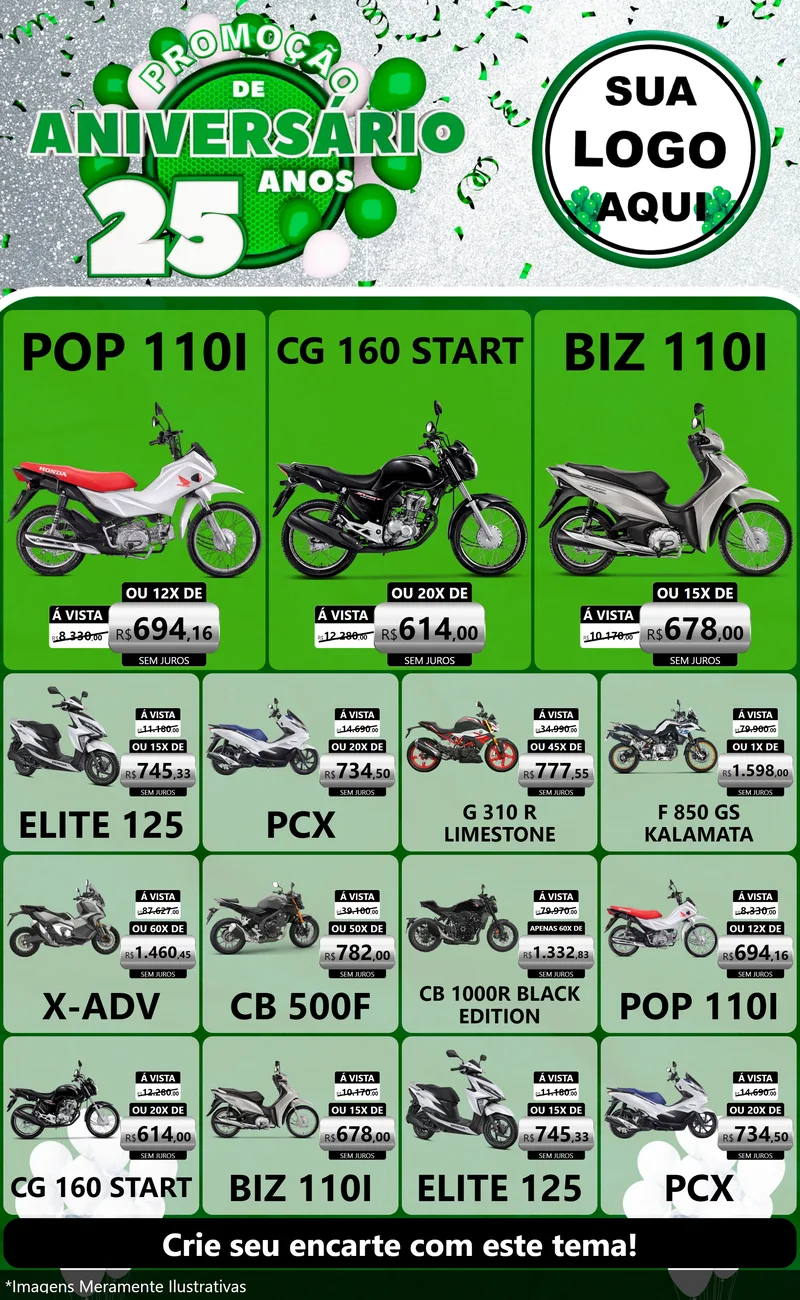 Modelo de Encarte para Encarte Grande com o tema Promoção de Aniversário - 25 Anos para Concessionaria de Motos
