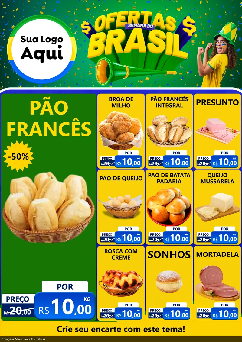 Modelo de Encarte para Encarte A4 Vertical com o tema Ofertas Semana do Brasil para Padaria