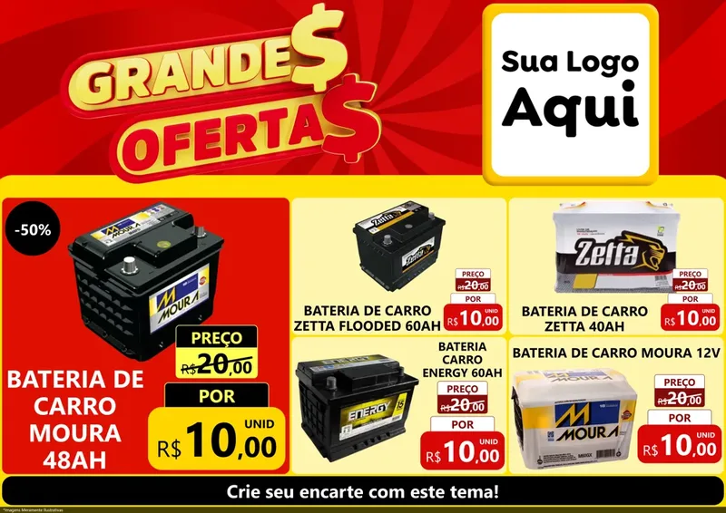 Modelo de Encarte para Encarte A4 Horizontal com o tema Grandes Ofertas para Baterias Elétricas