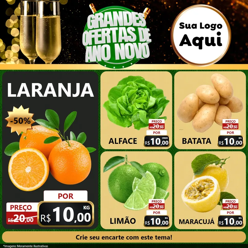 Modelo de Rede Social para Feed Facebook com o tema Grandes Ofertas de Ano Novo para Hortifrúti